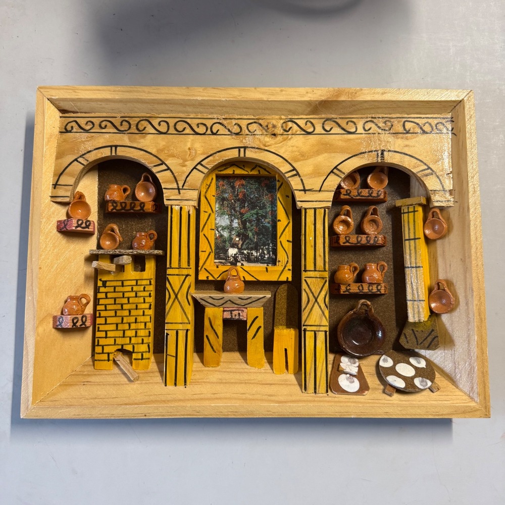 Vintage Handcrafted Miniature Wood Shadow Box Diorama Rustic Kitchen Pottery 12"